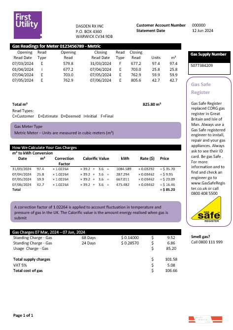 United Kingdom Warwick First business utility bill template in Word and PDF formats
